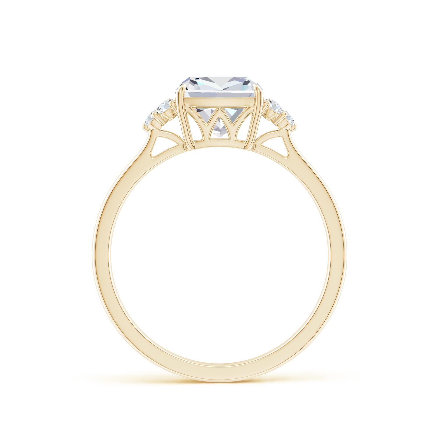 7mm FGVS Lab-Grown Cushion Diamond Engagement Ring with Trio Diamonds in Yellow Gold - side 3