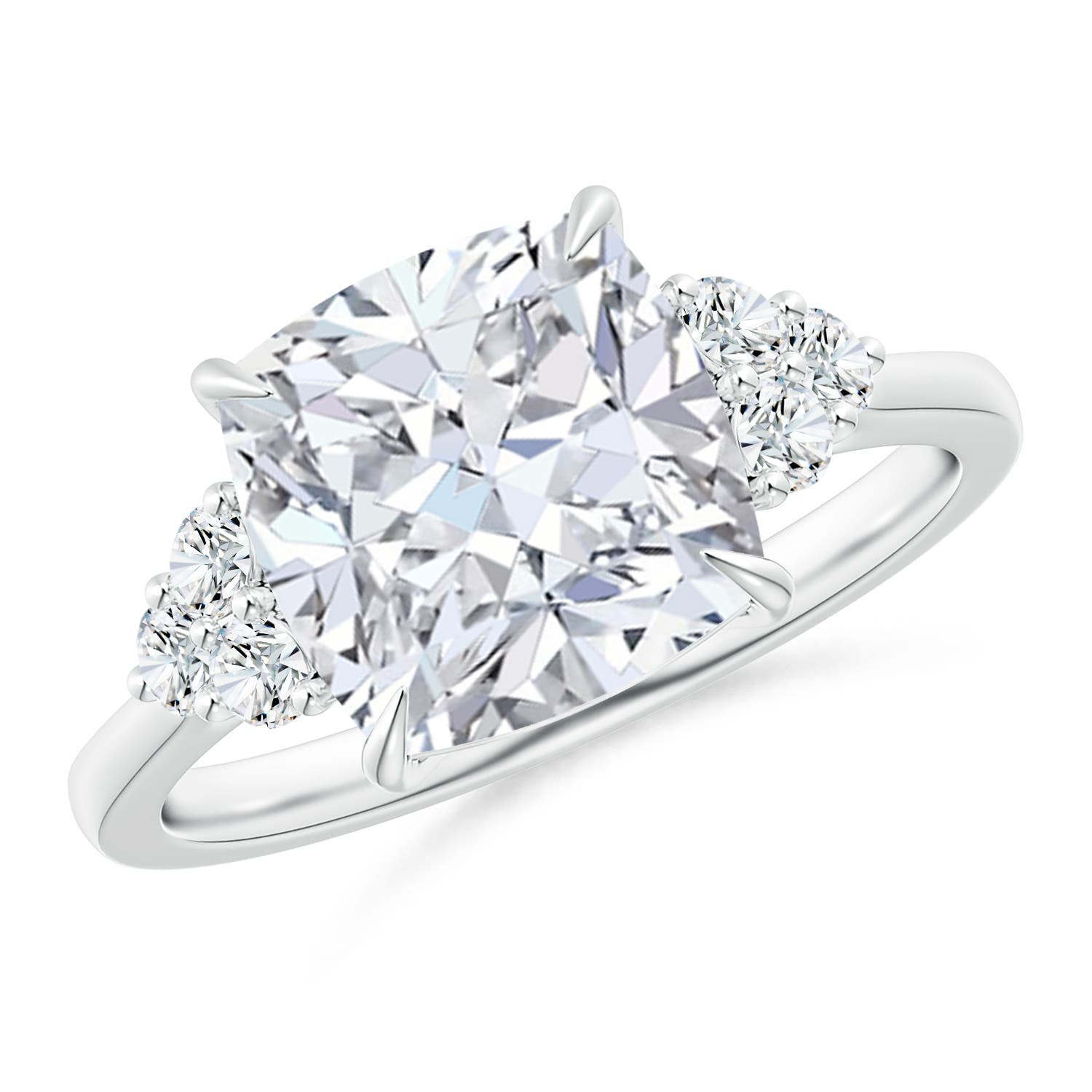 8.9mm FGVS Lab-Grown Cushion Diamond Engagement Ring with Trio Diamonds in White Gold