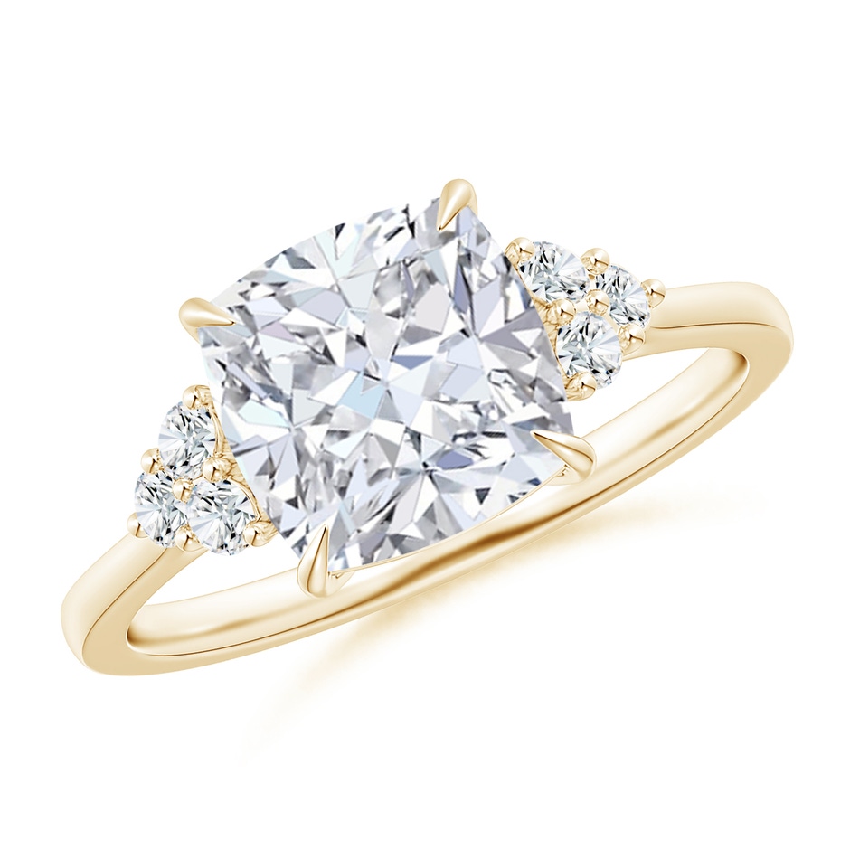 8mm FGVS Lab-Grown Cushion Diamond Engagement Ring with Trio Diamonds in Yellow Gold 