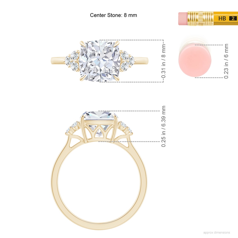 8mm FGVS Lab-Grown Cushion Diamond Engagement Ring with Trio Diamonds in Yellow Gold ruler