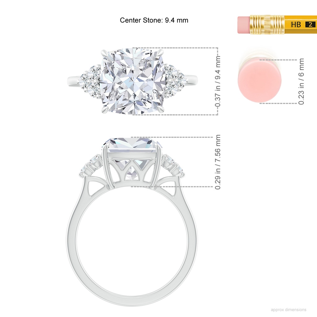 9.4mm FGVS Lab-Grown Cushion Diamond Engagement Ring with Trio Diamonds in P950 Platinum ruler