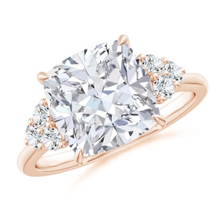 9.4mm FGVS Lab-Grown Cushion Diamond Engagement Ring with Trio Diamonds in Rose Gold