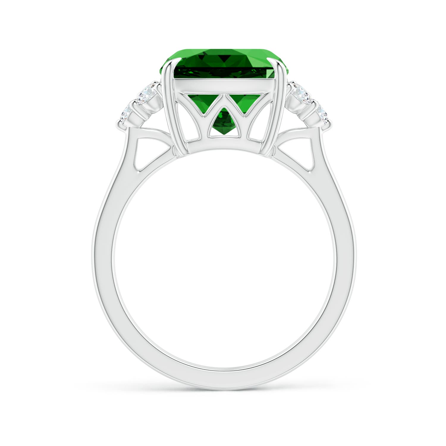 10mm Labgrown Lab-Grown Cushion Emerald Engagement Ring with Trio Diamonds in P950 Platinum
