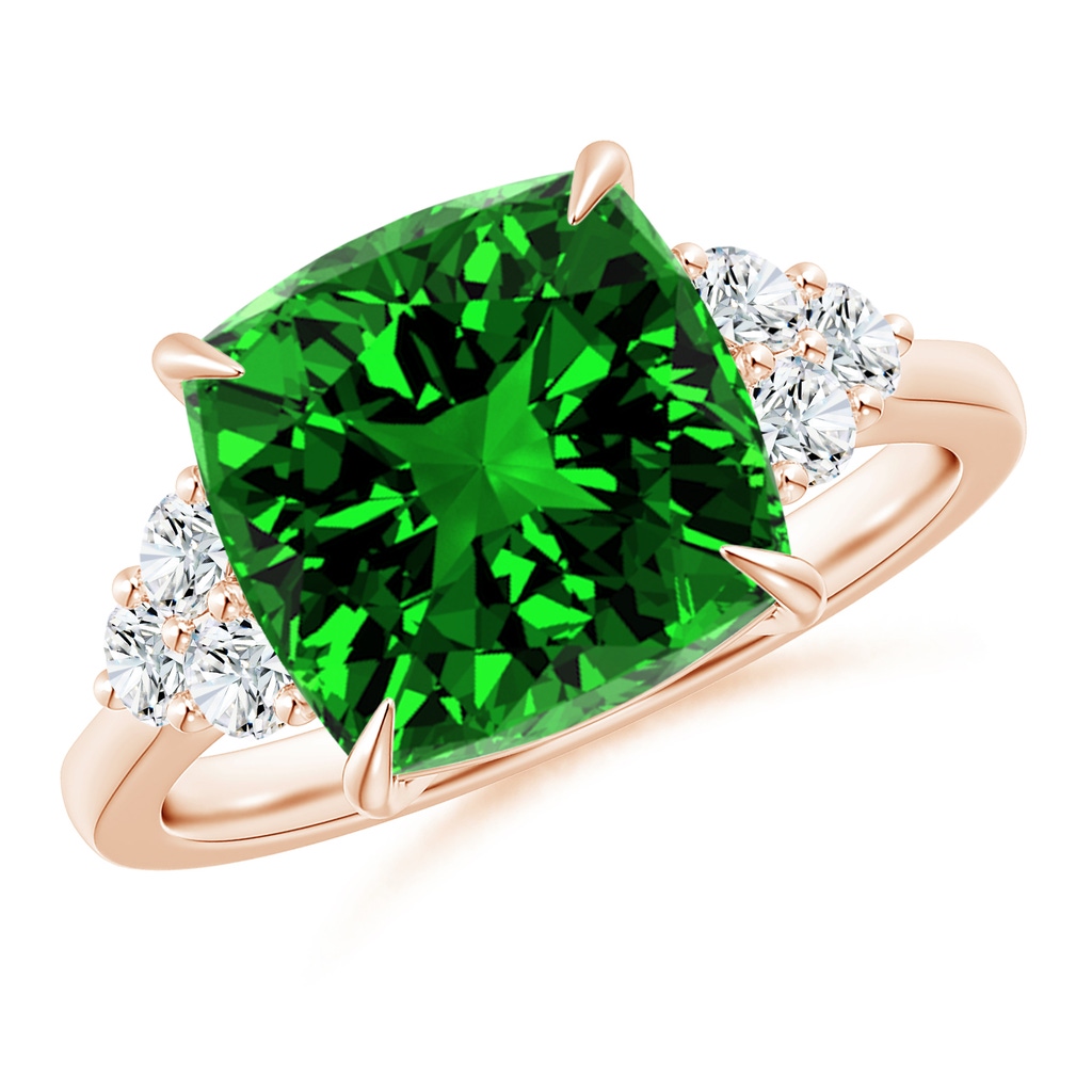 10mm Labgrown Lab-Grown Cushion Emerald Engagement Ring with Trio Diamonds in Rose Gold