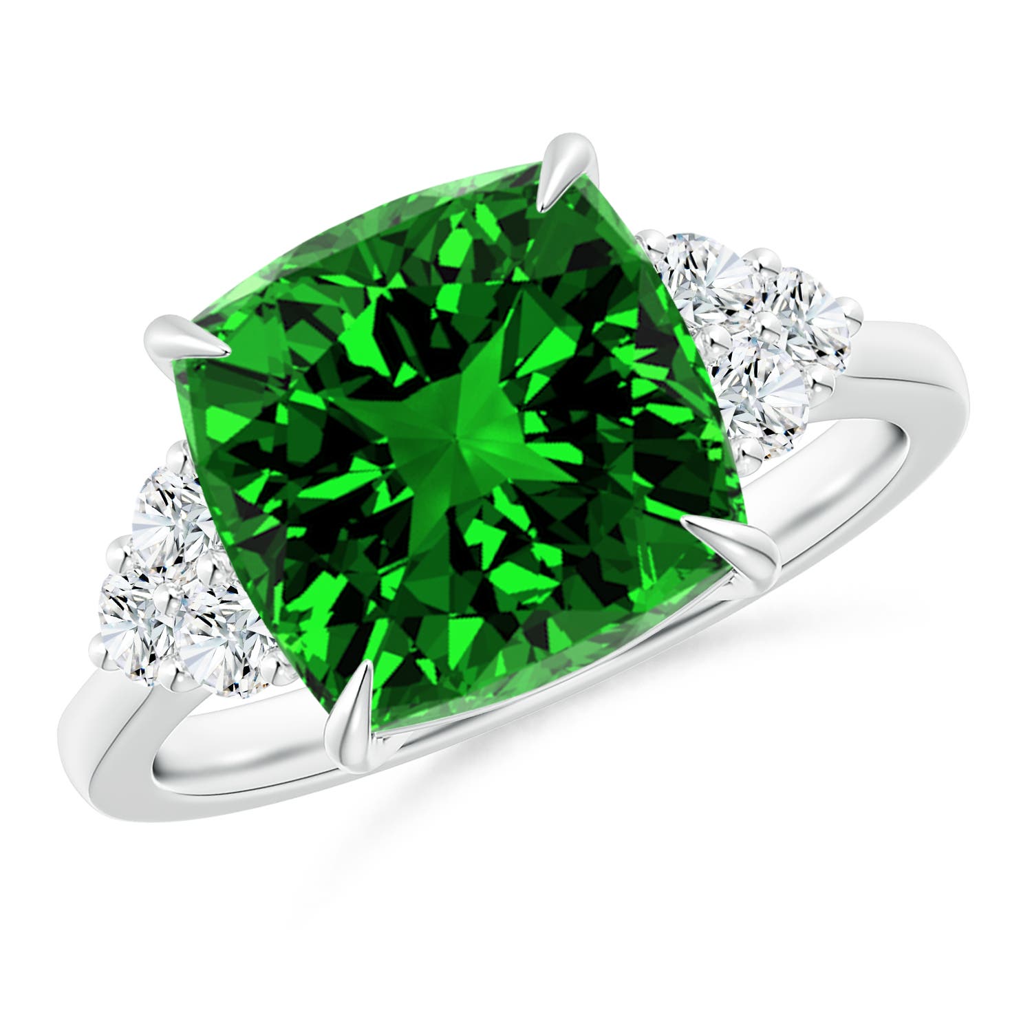 Lab-Grown Cushion Emerald Engagement Ring with Trio Diamonds