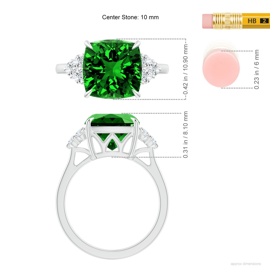 10mm Labgrown Lab-Grown Cushion Emerald Engagement Ring with Trio Diamonds in White Gold ruler