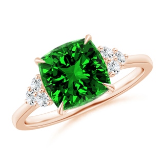8mm Labgrown Lab-Grown Cushion Emerald Engagement Ring with Trio Diamonds in 9K Rose Gold