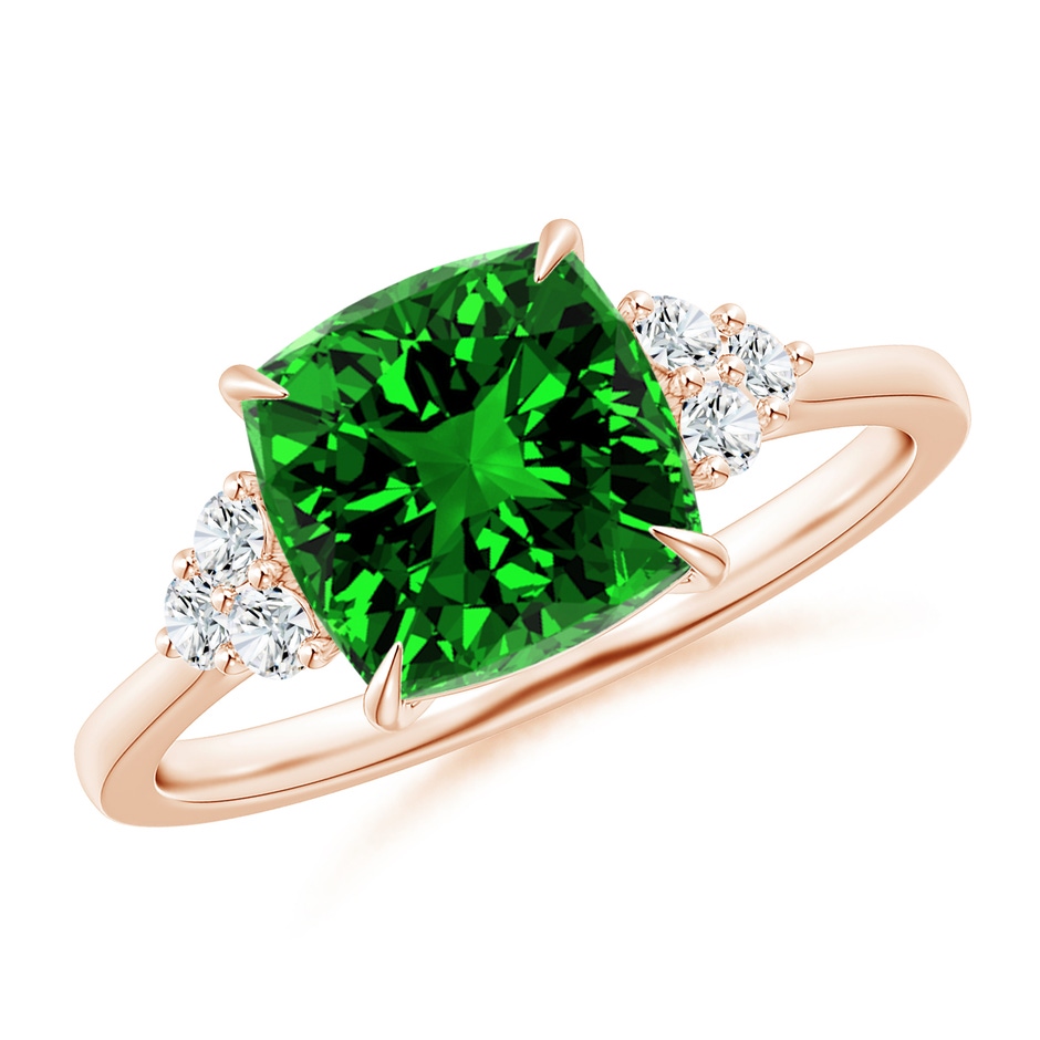 8mm Labgrown Lab-Grown Cushion Emerald Engagement Ring with Trio Diamonds in 9K Rose Gold 