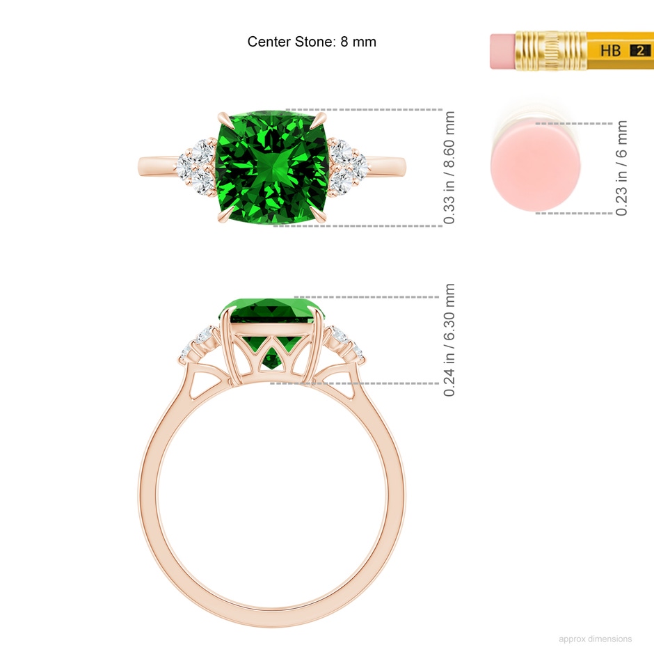 8mm Labgrown Lab-Grown Cushion Emerald Engagement Ring with Trio Diamonds in 9K Rose Gold ruler