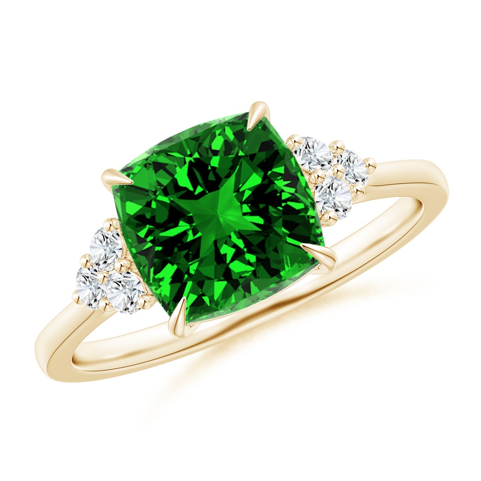 8mm Labgrown Lab-Grown Cushion Emerald Engagement Ring with Trio Diamonds in 9K Yellow Gold 