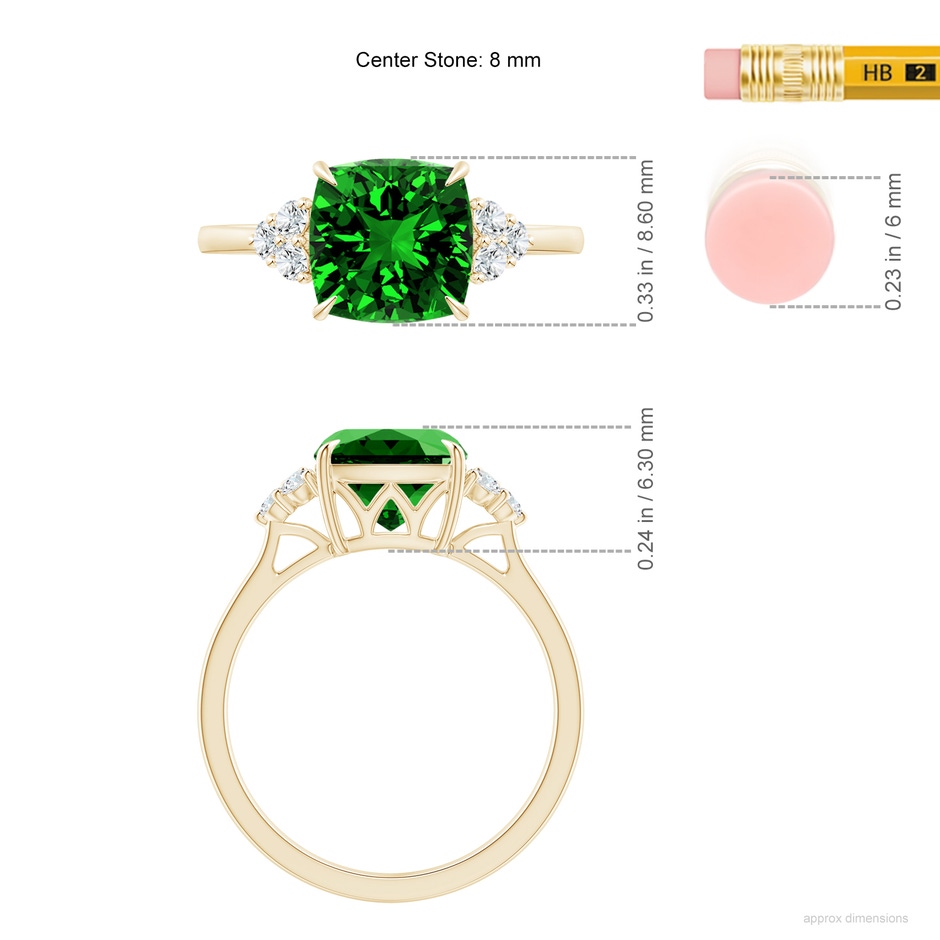 8mm Labgrown Lab-Grown Cushion Emerald Engagement Ring with Trio Diamonds in 9K Yellow Gold ruler