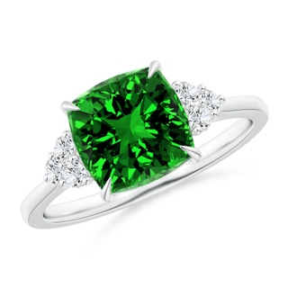 8mm Labgrown Lab-Grown Cushion Emerald Engagement Ring with Trio Diamonds in P950 Platinum