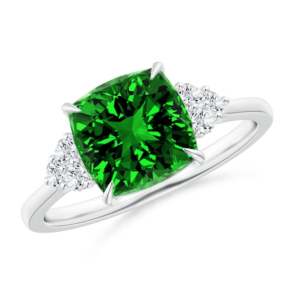 8mm Labgrown Lab-Grown Cushion Emerald Engagement Ring with Trio Diamonds in P950 Platinum 
