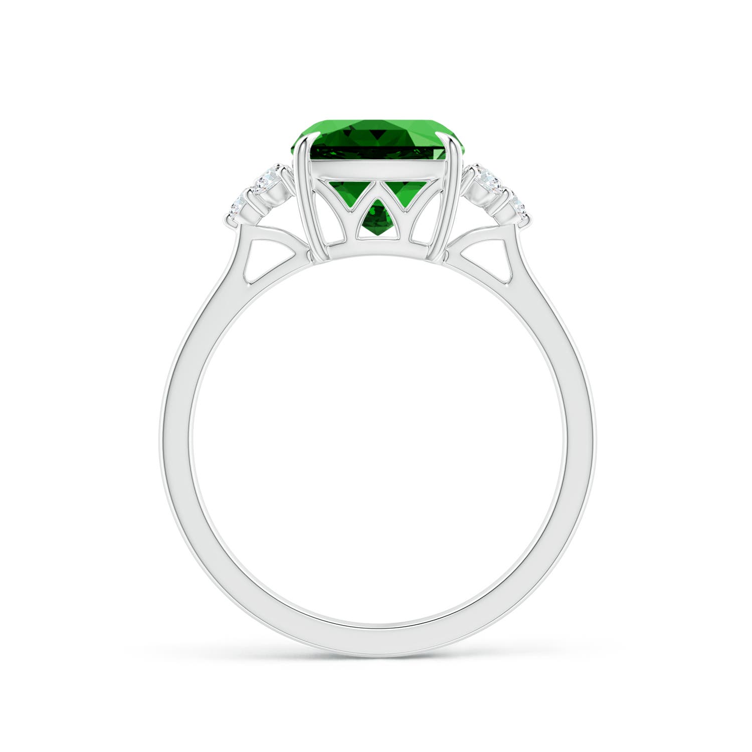8mm Labgrown Lab-Grown Cushion Emerald Engagement Ring with Trio Diamonds in P950 Platinum