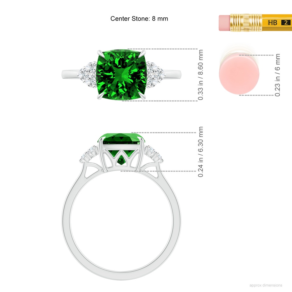 8mm Labgrown Lab-Grown Cushion Emerald Engagement Ring with Trio Diamonds in P950 Platinum ruler