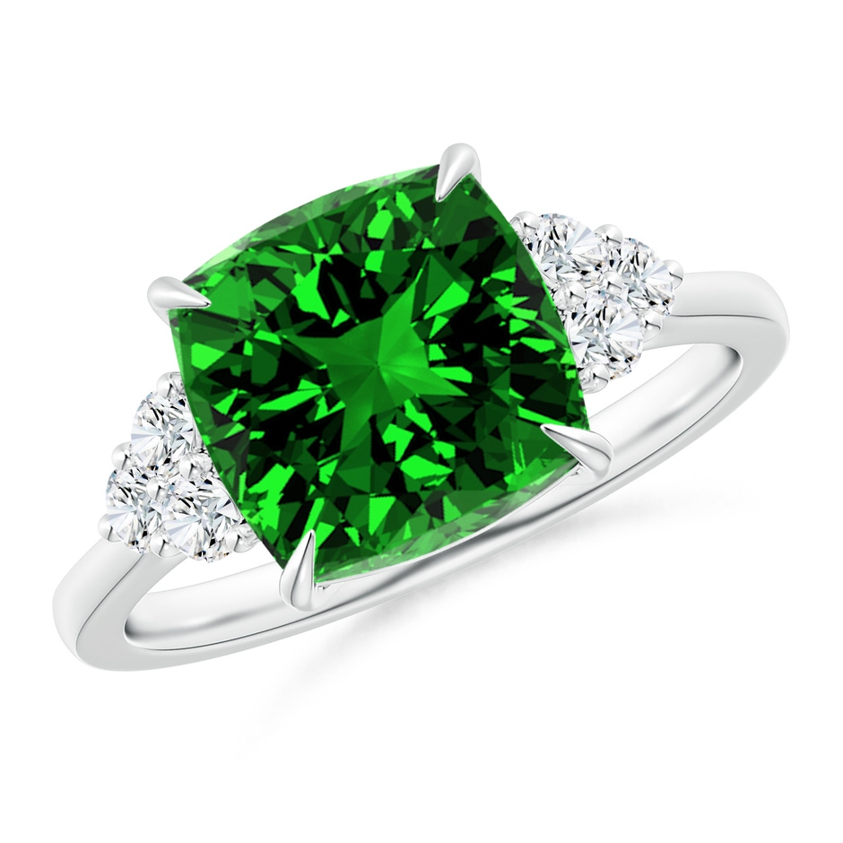 9mm Labgrown Lab-Grown Cushion Emerald Engagement Ring with Trio Diamonds in White Gold 