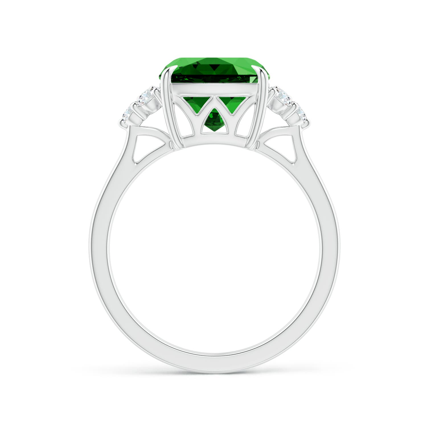 9mm Labgrown Lab-Grown Cushion Emerald Engagement Ring with Trio Diamonds in White Gold - side 3