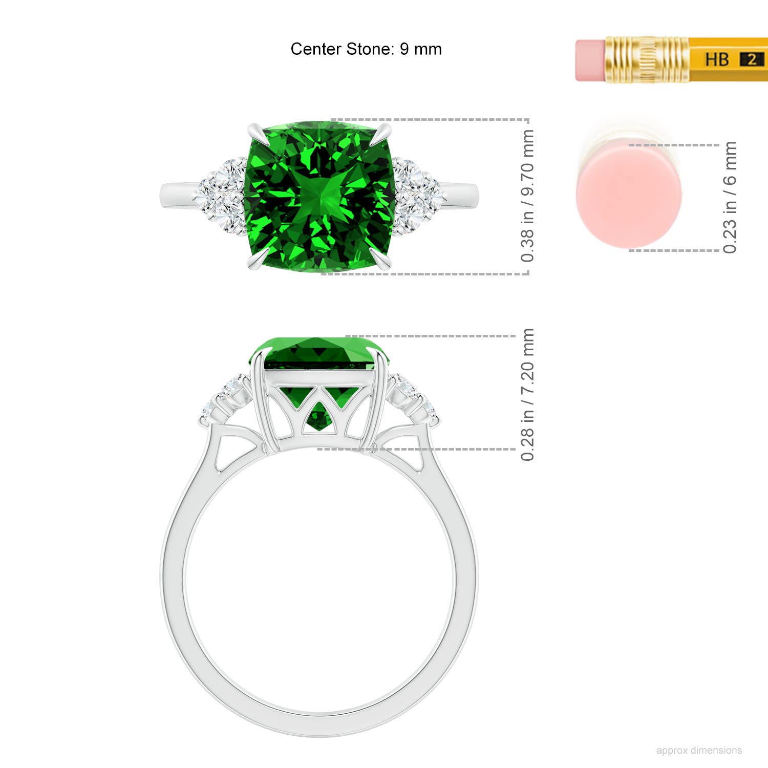 9mm Labgrown Lab-Grown Cushion Emerald Engagement Ring with Trio Diamonds in White Gold - ruler
