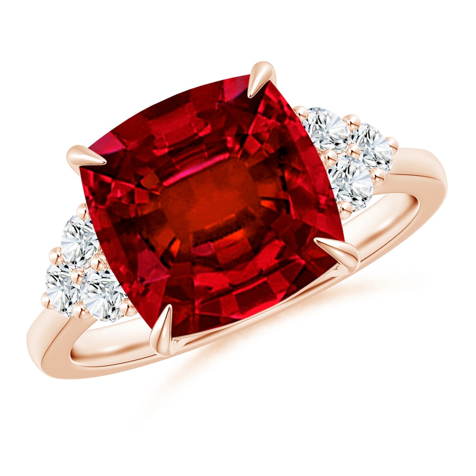 10mm Labgrown Lab-Grown Cushion Ruby Engagement Ring with Trio Diamonds in 18K Rose Gold 