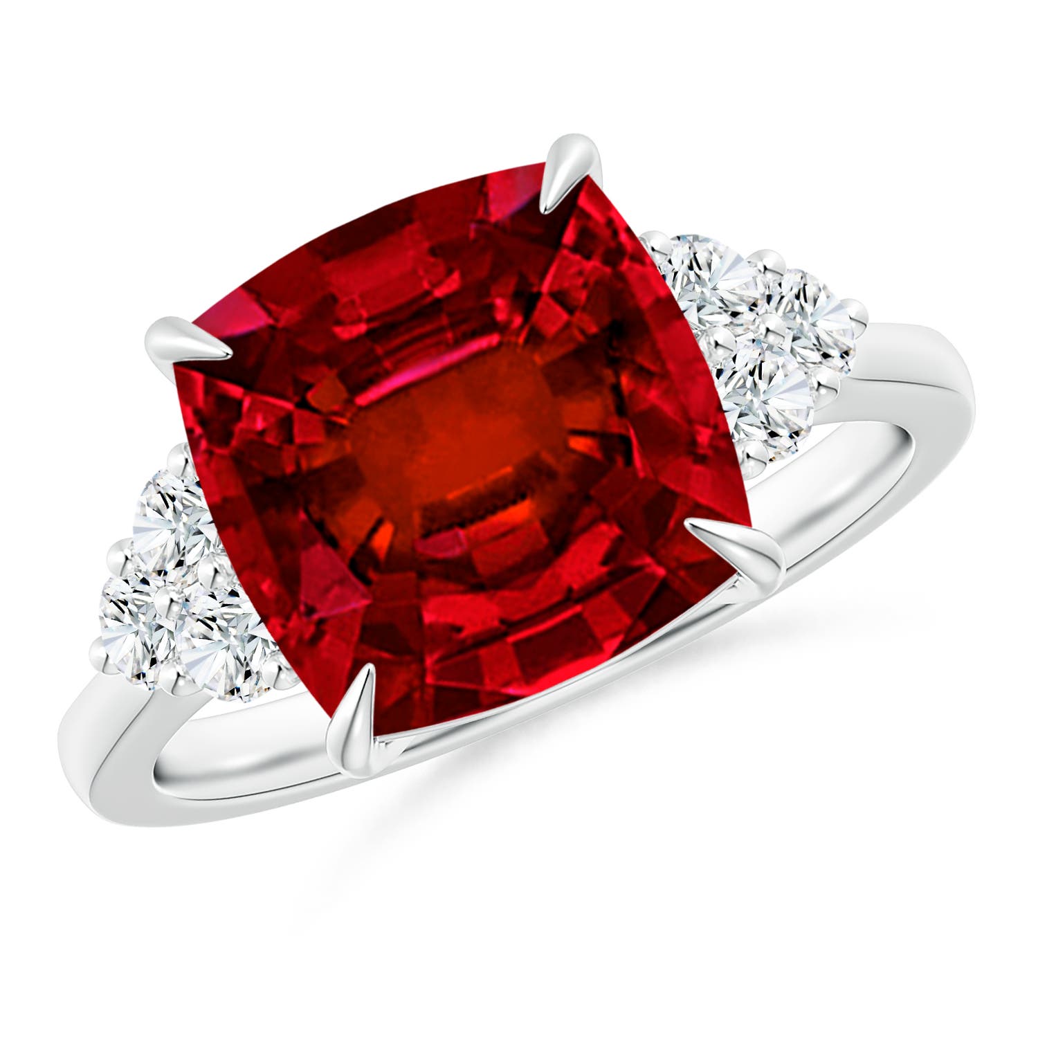 10mm Labgrown Lab-Grown Cushion Ruby Engagement Ring with Trio Diamonds in 18K White Gold