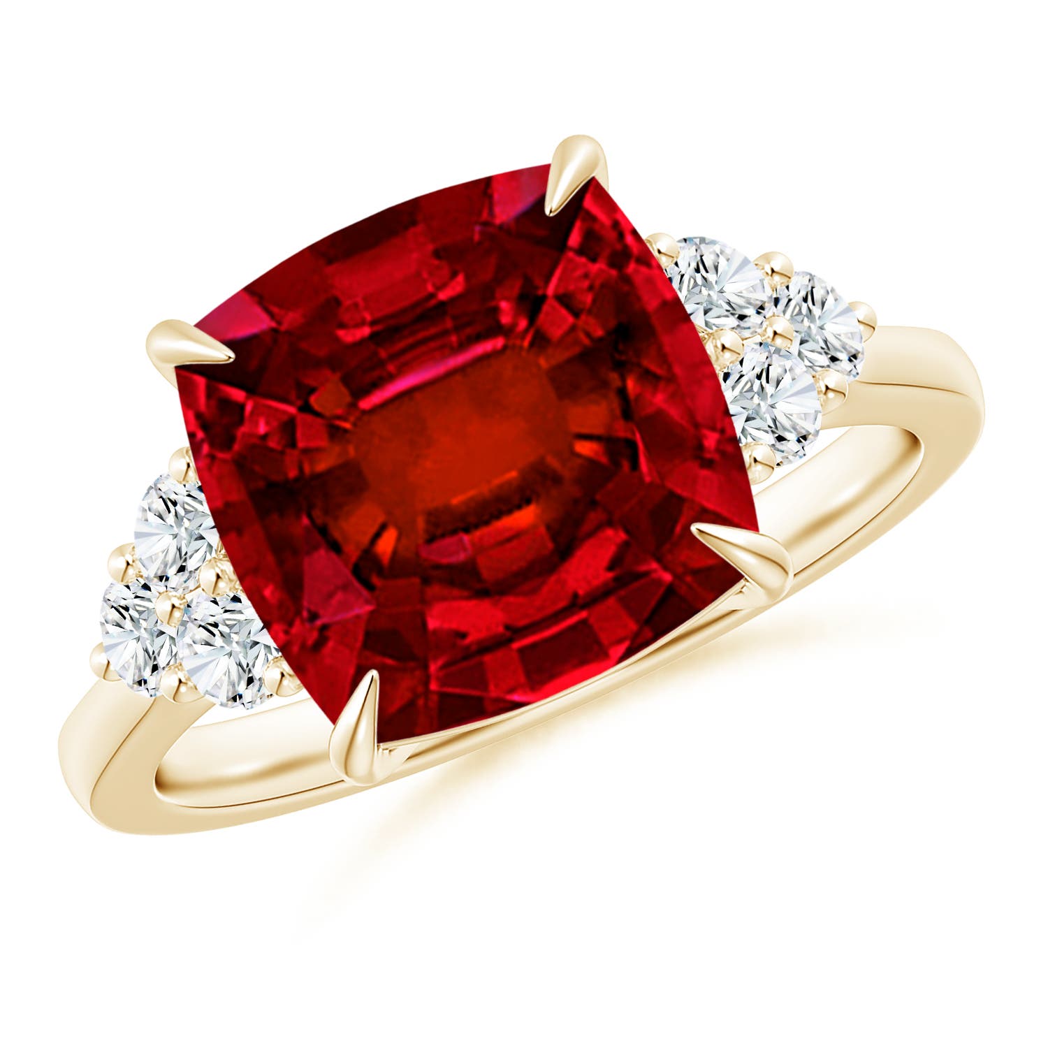10mm Labgrown Lab-Grown Cushion Ruby Engagement Ring with Trio Diamonds in 18K Yellow Gold