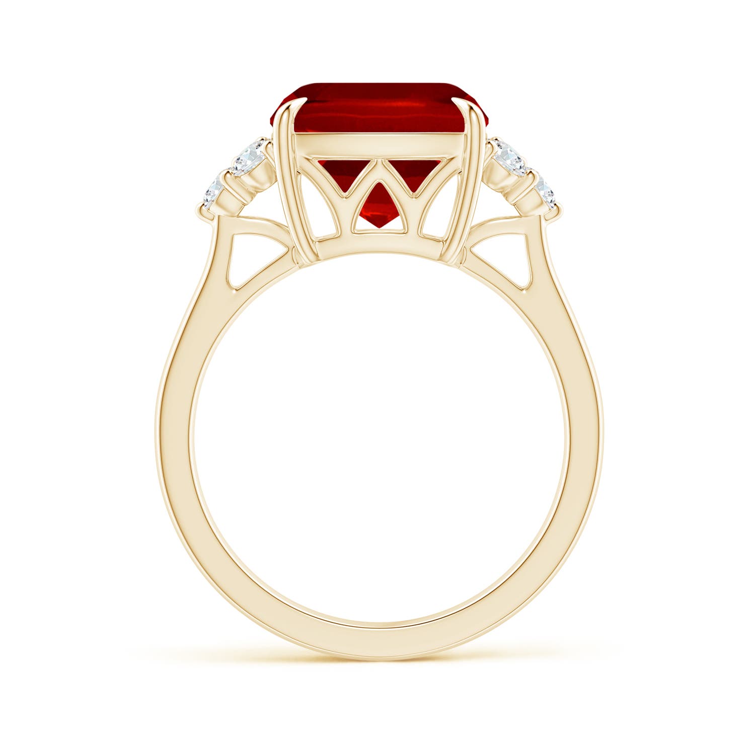 10mm Labgrown Lab-Grown Cushion Ruby Engagement Ring with Trio Diamonds in 18K Yellow Gold - side 3