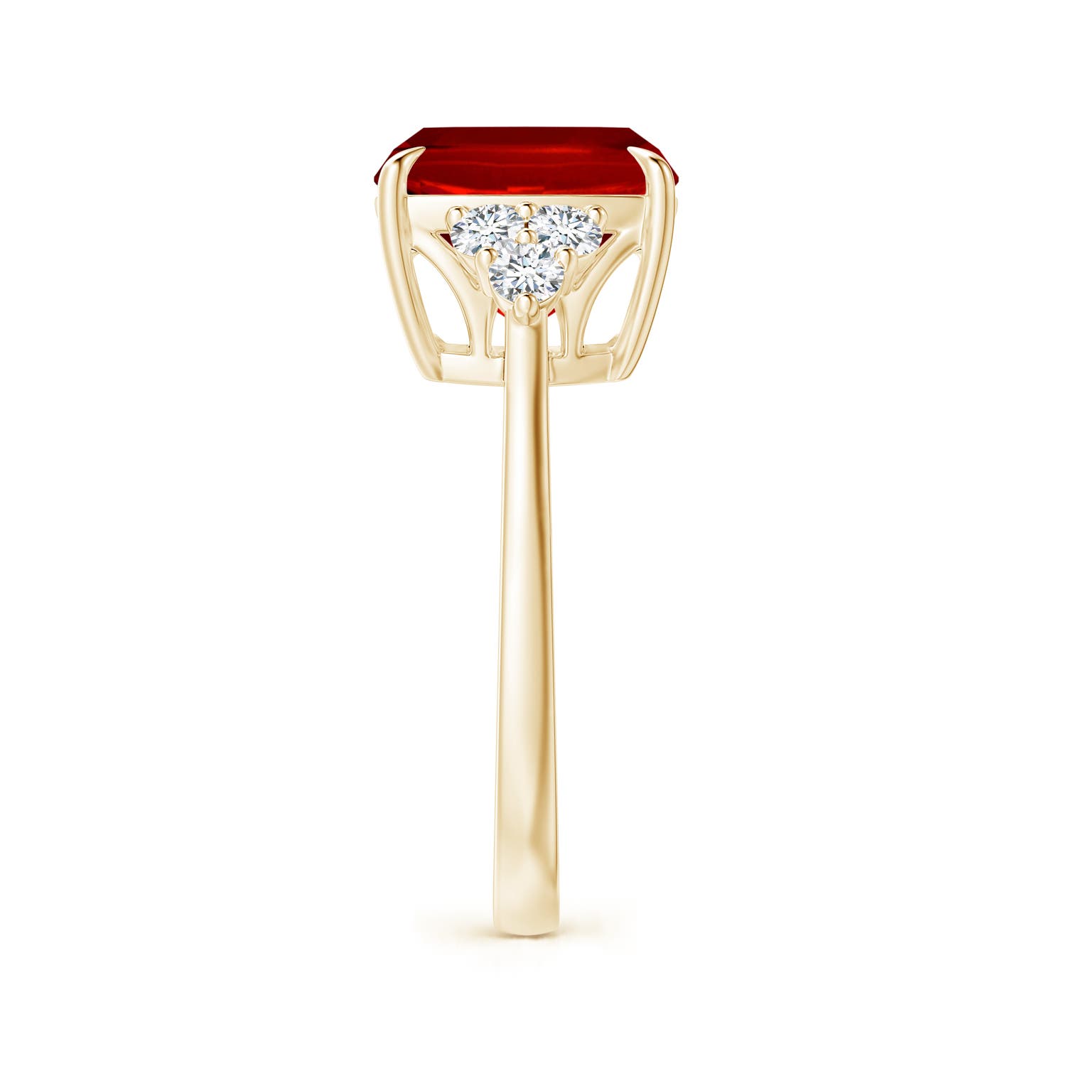 10mm Labgrown Lab-Grown Cushion Ruby Engagement Ring with Trio Diamonds in 18K Yellow Gold - side 4