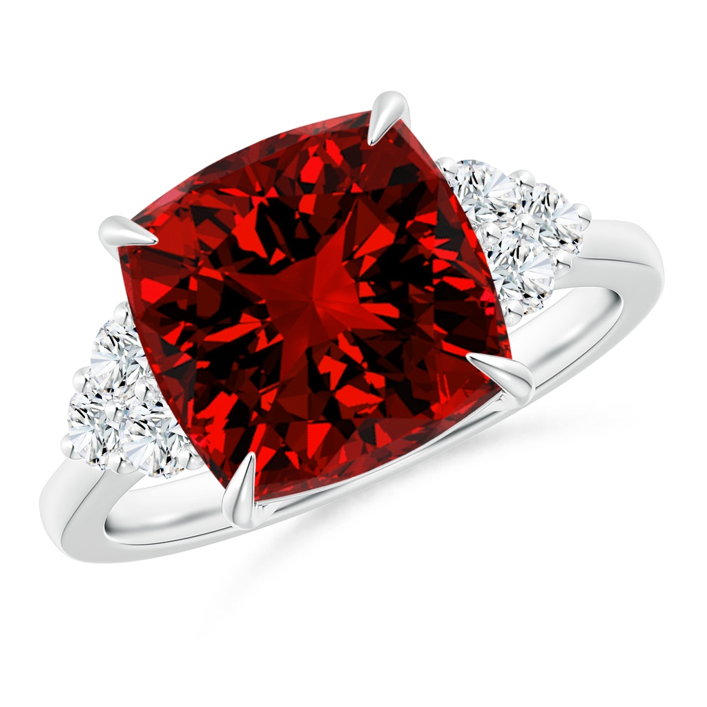 10mm Labgrown Lab-Grown Cushion Ruby Engagement Ring with Trio Diamonds in P950 Platinum