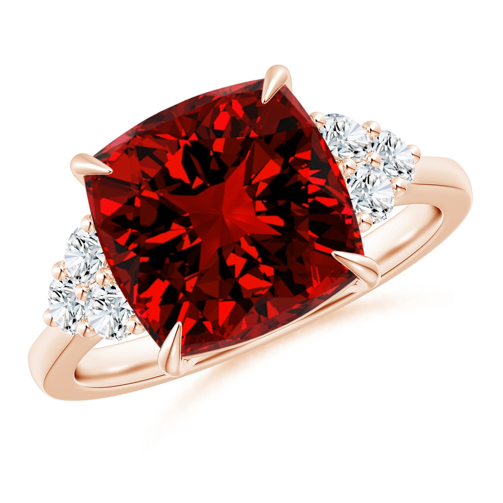 10mm Labgrown Lab-Grown Cushion Ruby Engagement Ring with Trio Diamonds in Rose Gold