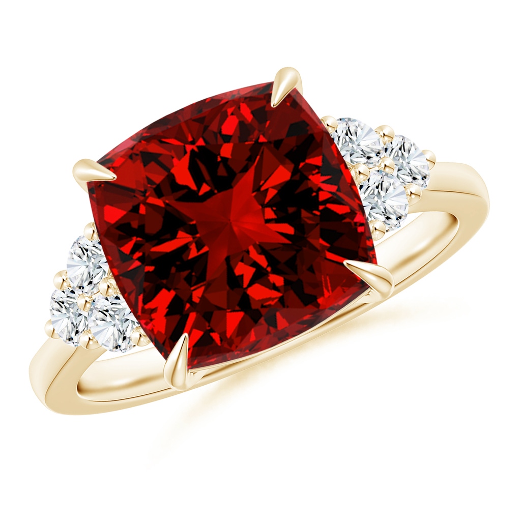 10mm Labgrown Lab-Grown Cushion Ruby Engagement Ring with Trio Diamonds in Yellow Gold