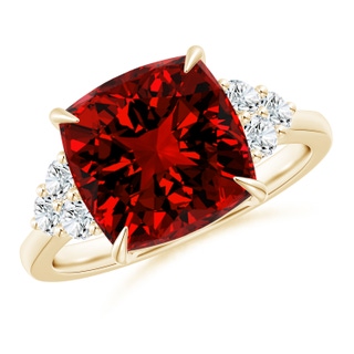 10mm Labgrown Lab-Grown Cushion Ruby Engagement Ring with Trio Diamonds in Yellow Gold