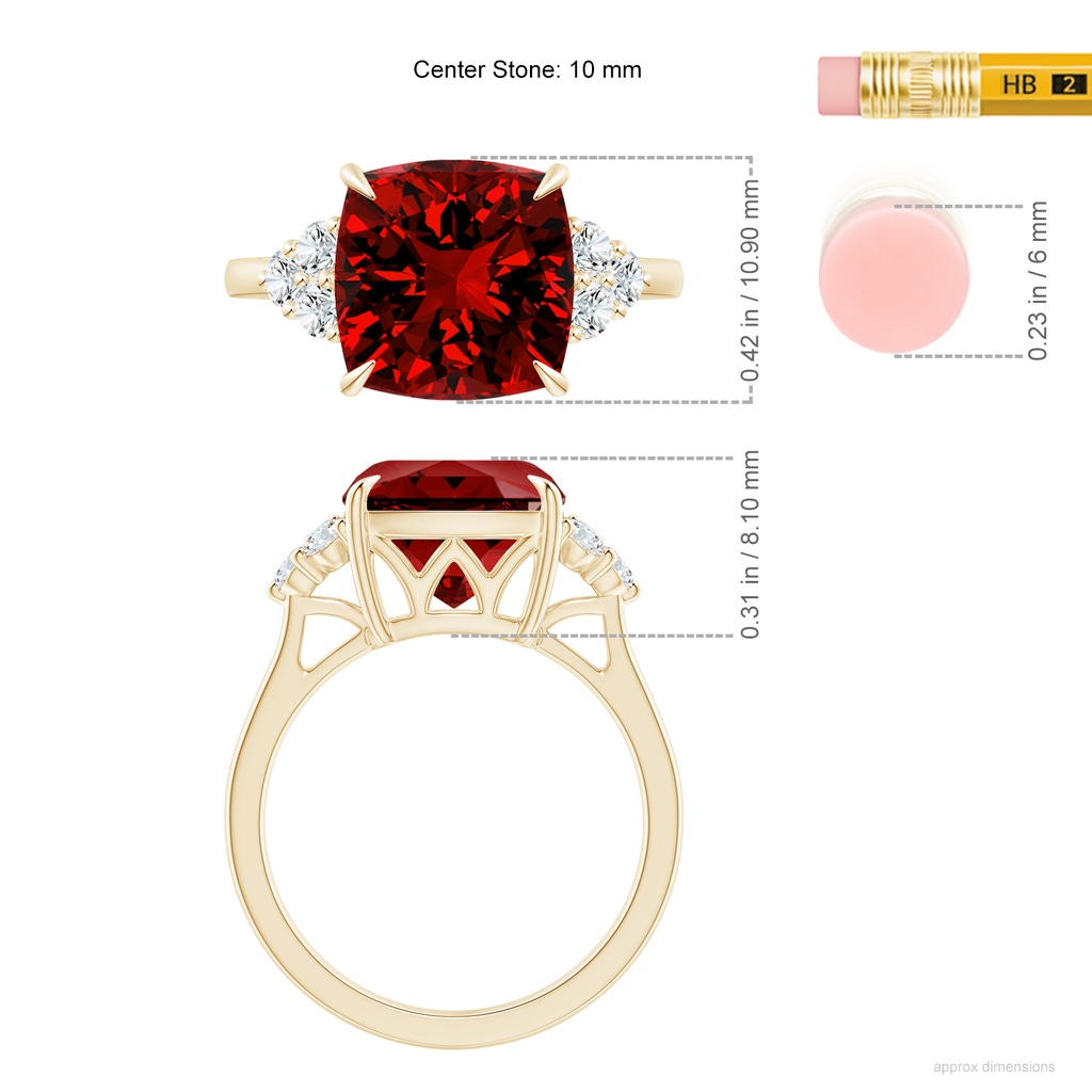 10mm Labgrown Lab-Grown Cushion Ruby Engagement Ring with Trio Diamonds in Yellow Gold ruler