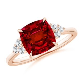 8mm Labgrown Lab-Grown Cushion Ruby Engagement Ring with Trio Diamonds in 10K Rose Gold