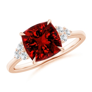 8mm Labgrown Lab-Grown Cushion Ruby Engagement Ring with Trio Diamonds in 9K Rose Gold