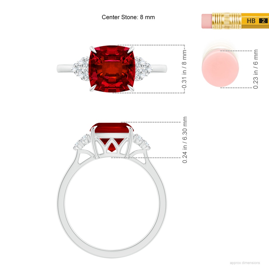 8mm Labgrown Lab-Grown Cushion Ruby Engagement Ring with Trio Diamonds in P950 Platinum ruler