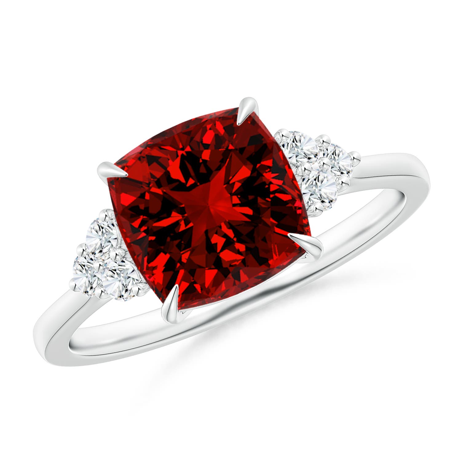 Lab-Grown Cushion Ruby Engagement Ring with Trio Diamonds