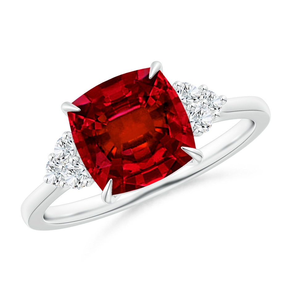 8mm Labgrown Lab-Grown Cushion Ruby Engagement Ring with Trio Diamonds in White Gold 