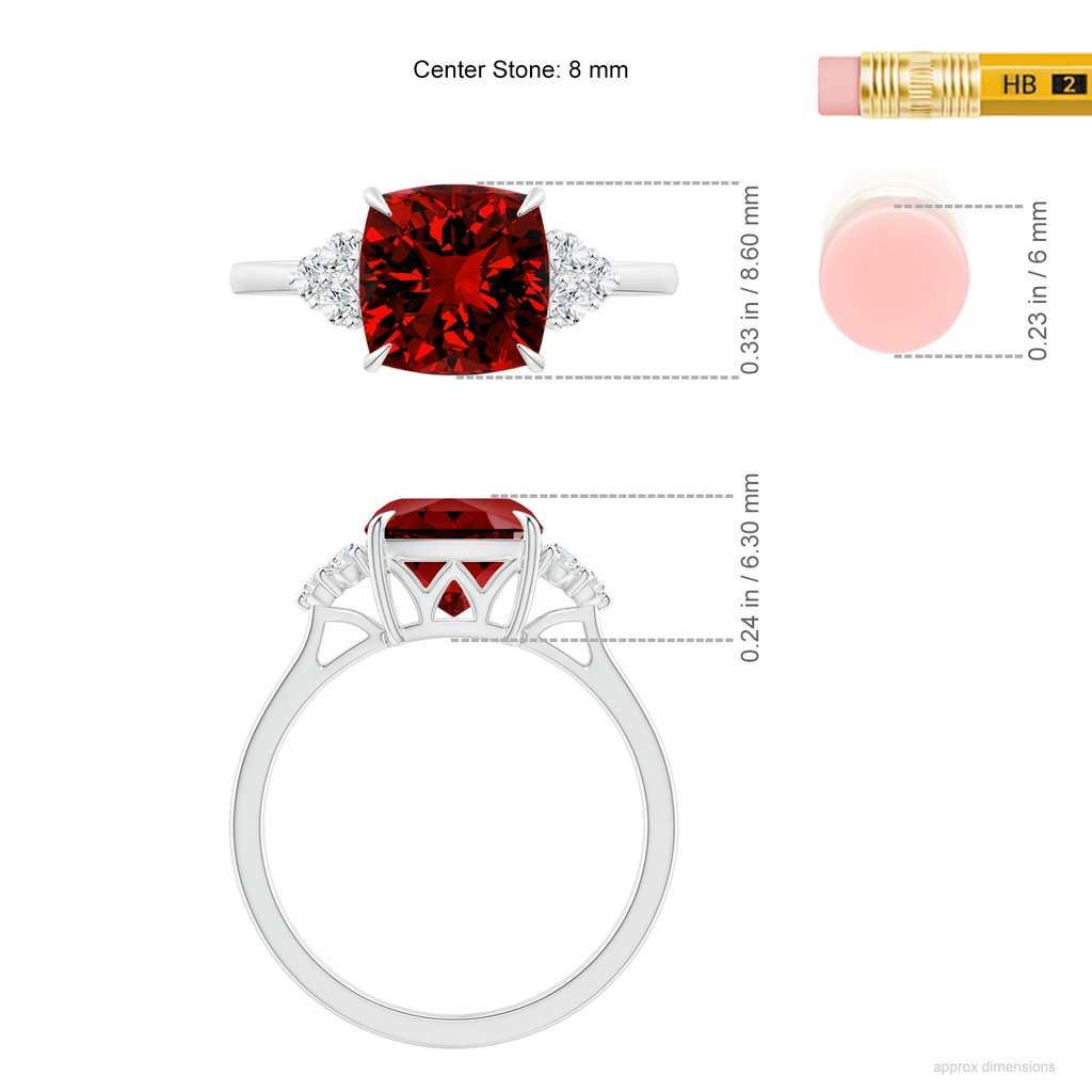 8mm Labgrown Lab-Grown Cushion Ruby Engagement Ring with Trio Diamonds in White Gold ruler