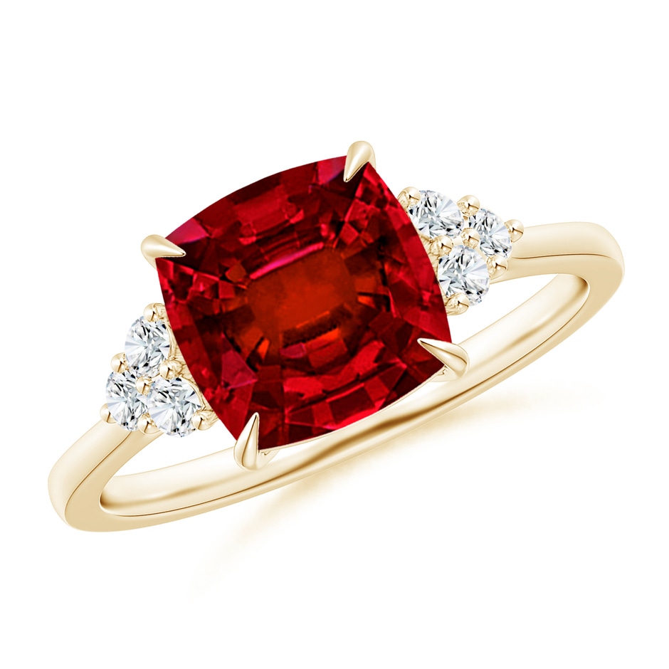 8mm Labgrown Lab-Grown Cushion Ruby Engagement Ring with Trio Diamonds in Yellow Gold 