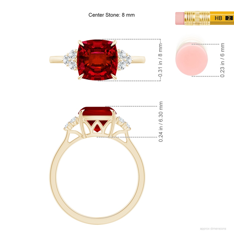 8mm Labgrown Lab-Grown Cushion Ruby Engagement Ring with Trio Diamonds in Yellow Gold ruler