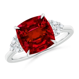 9mm Labgrown Lab-Grown Cushion Ruby Engagement Ring with Trio Diamonds in 18K White Gold