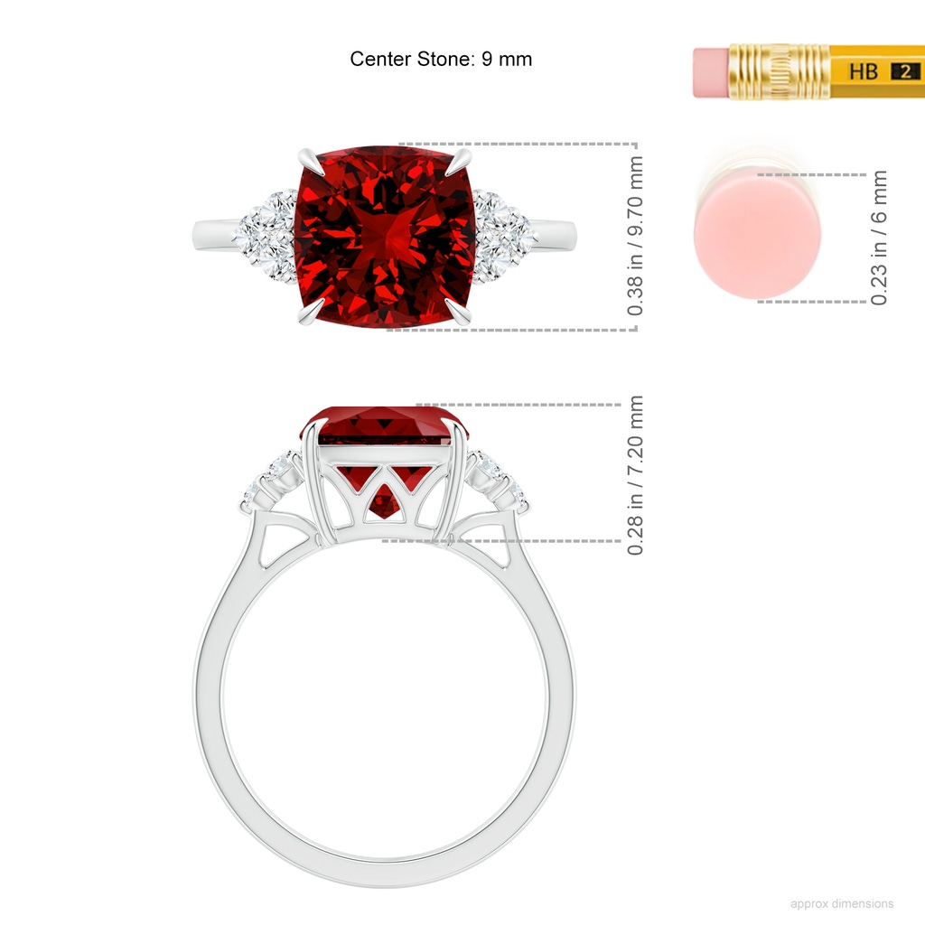 9mm Labgrown Lab-Grown Cushion Ruby Engagement Ring with Trio Diamonds in White Gold ruler