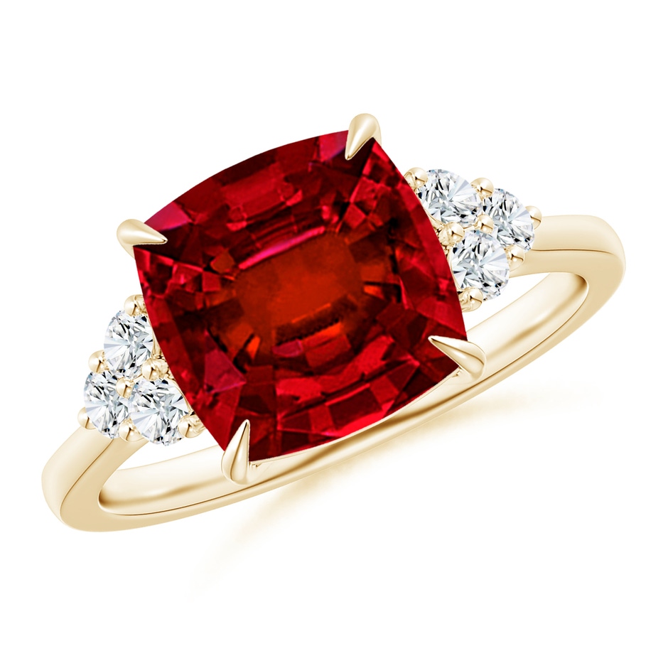 9mm Labgrown Lab-Grown Cushion Ruby Engagement Ring with Trio Diamonds in Yellow Gold 