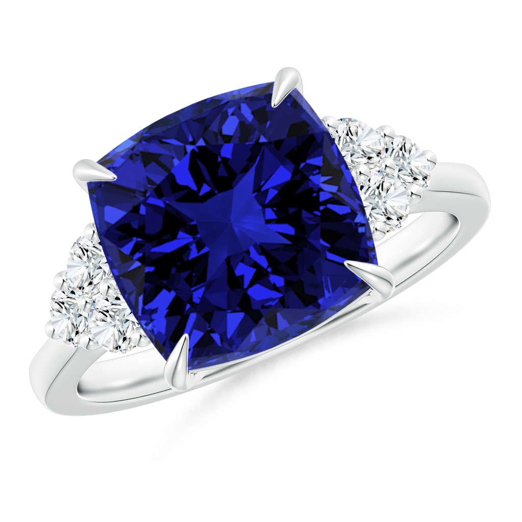 10mm Labgrown Lab-Grown Cushion Blue Sapphire Engagement Ring with Trio Diamonds in P950 Platinum