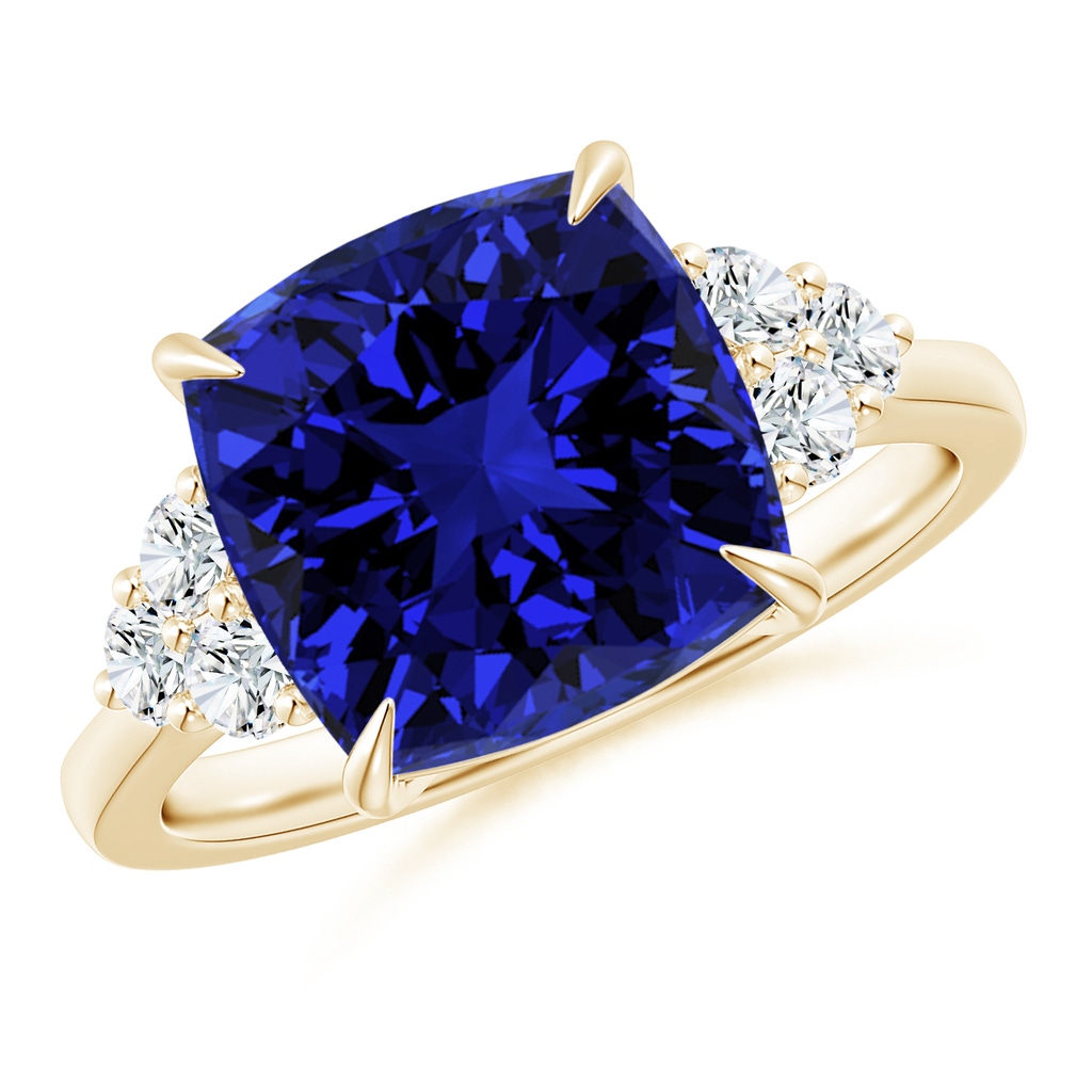 10mm Labgrown Lab-Grown Cushion Blue Sapphire Engagement Ring with Trio Diamonds in Yellow Gold