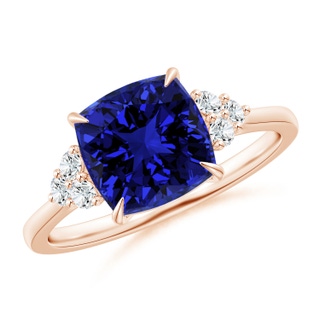 8mm Labgrown Lab-Grown Cushion Blue Sapphire Engagement Ring with Trio Diamonds in Rose Gold