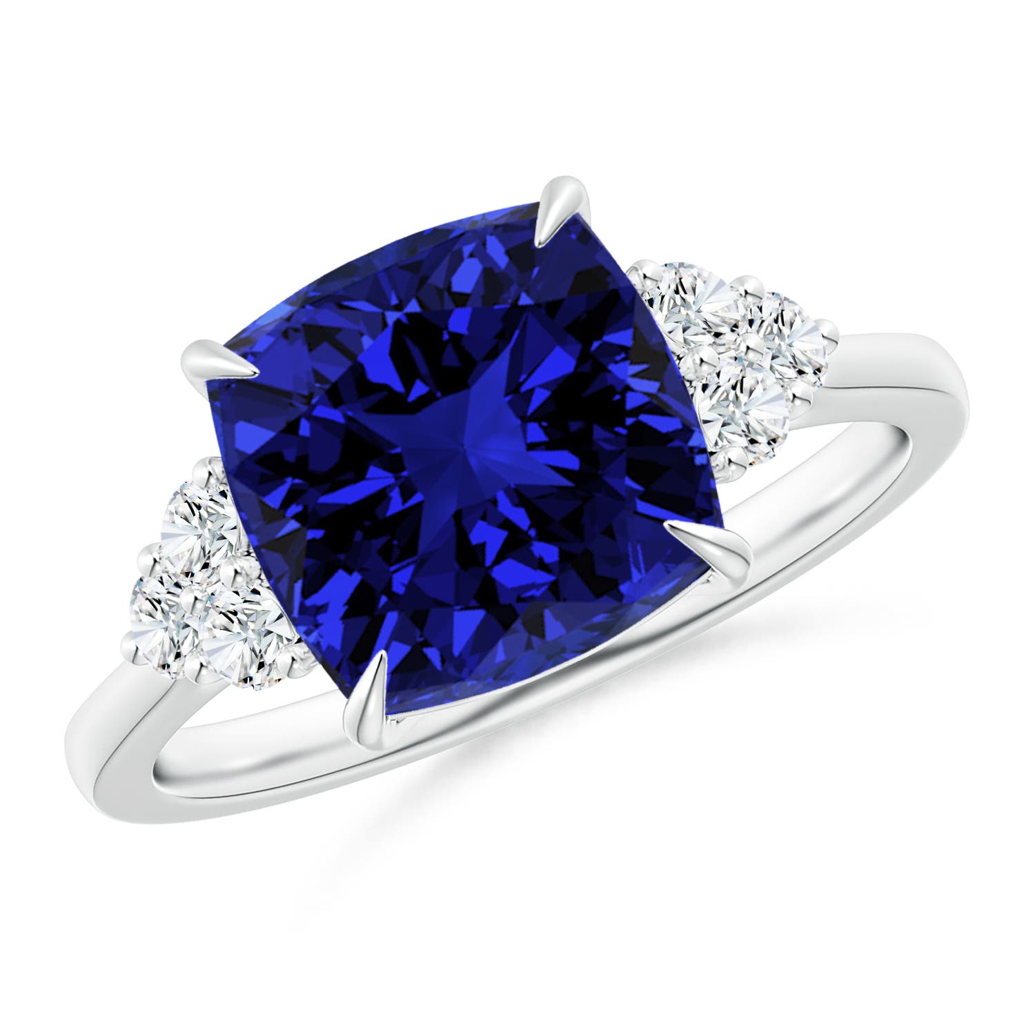 Lab-Grown Cushion Blue Sapphire Engagement Ring with Trio Diamonds