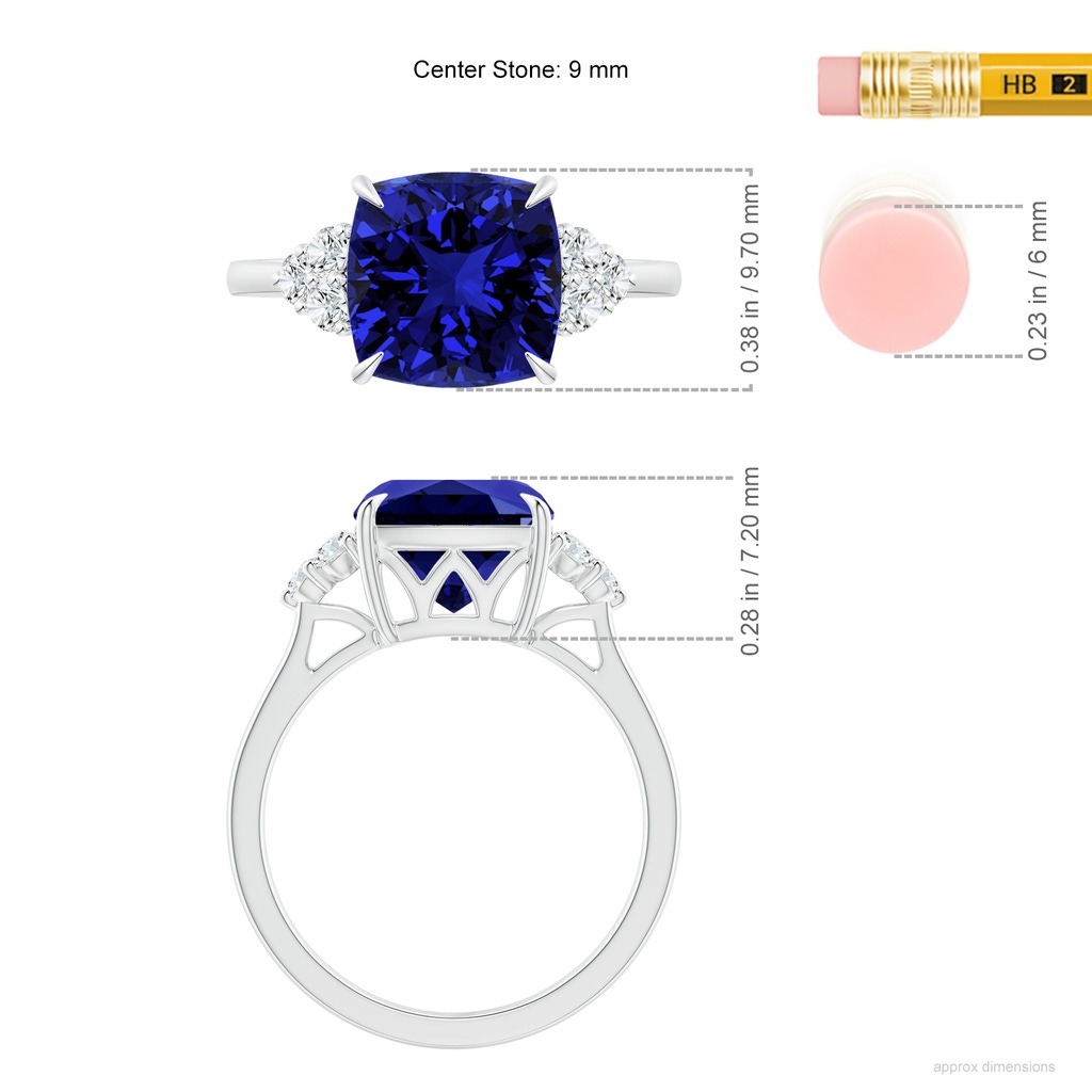 9mm Labgrown Lab-Grown Cushion Blue Sapphire Engagement Ring with Trio Diamonds in White Gold ruler