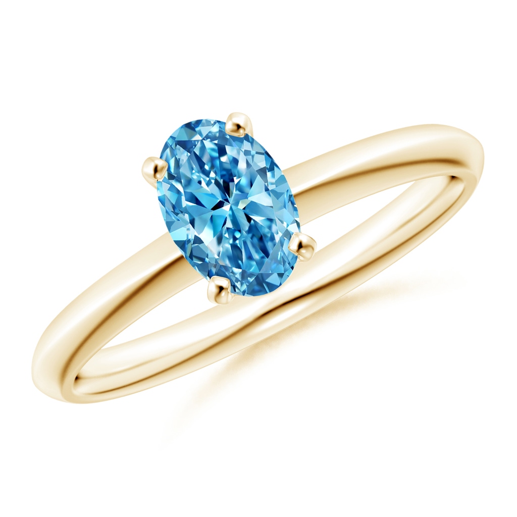 7x5mm Labgrown Oval Lab-Grown Fancy Intense Blue Diamond Solitaire Knife-Edge Shank Engagement Ring in Yellow Gold