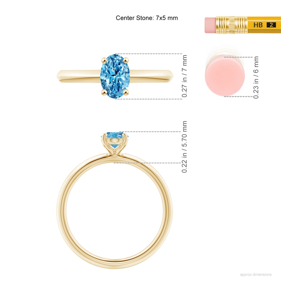 7x5mm Labgrown Oval Lab-Grown Fancy Intense Blue Diamond Solitaire Knife-Edge Shank Engagement Ring in Yellow Gold ruler